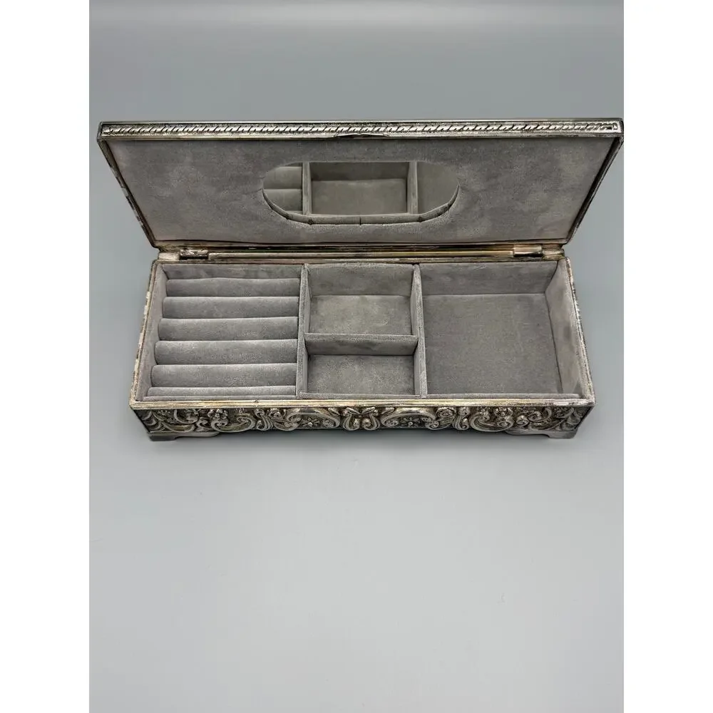 Godinger Silver 1992 Ornate Jewelry Trinket Box Velvet Lined Engraved 